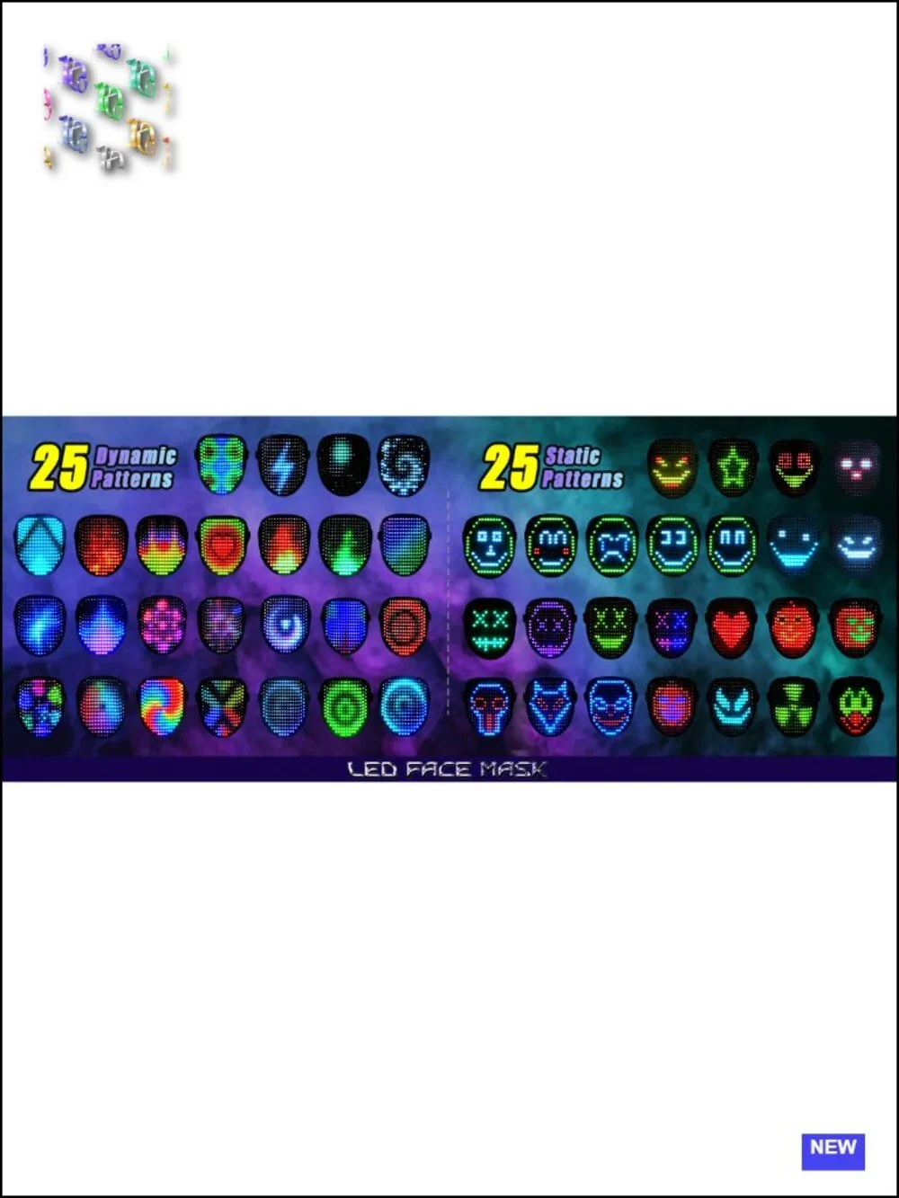 LED Mask with Gesture Sensing, 50 Light Patterns, Rechargeable, Lightweight for
